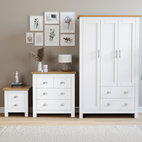 White furniture bedroom set with chest of drawers bedside table and wardrobe stylish design