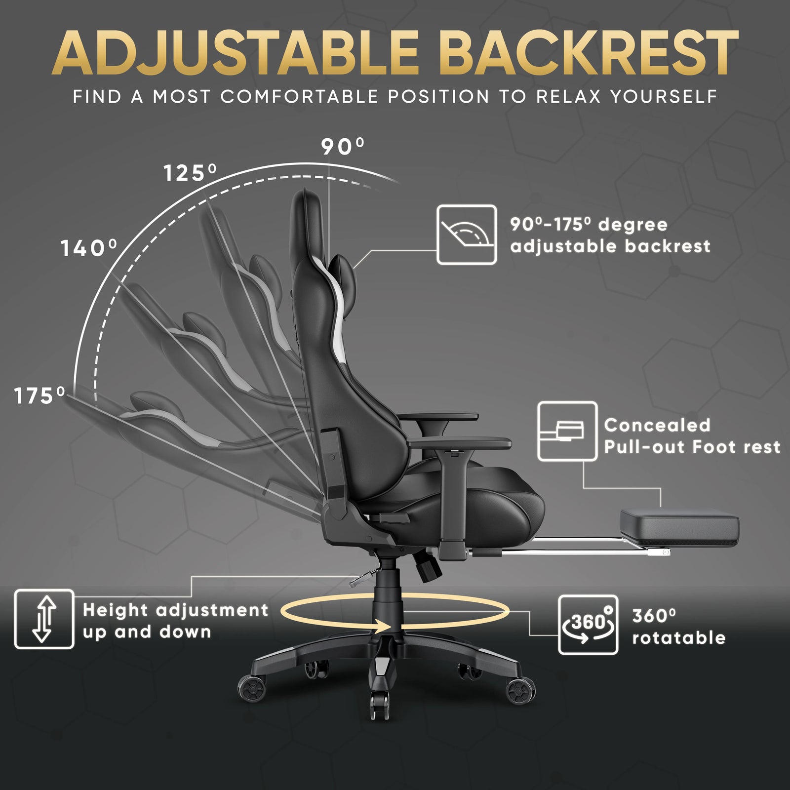 [Black + White] Comfy Gaming Chair with Footrest, Wide Seat & 3D Armrest Xstriker featuring 175° adjustable backrest and concealed pull-out footrest. Ideal for long gaming or office sessions.