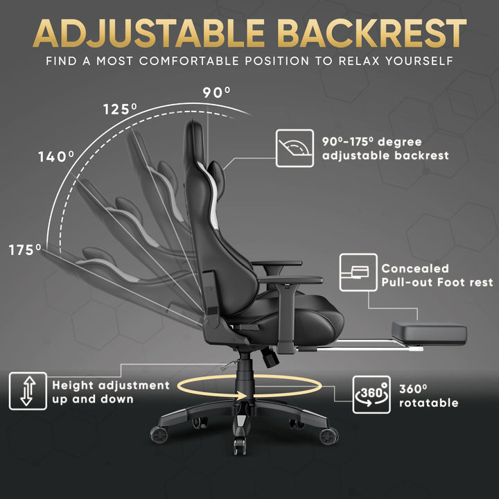 [Black + White] Comfy Gaming Chair with Footrest, Wide Seat & 3D Armrest Xstriker featuring 175° adjustable backrest and concealed pull-out footrest. Ideal for long gaming or office sessions.