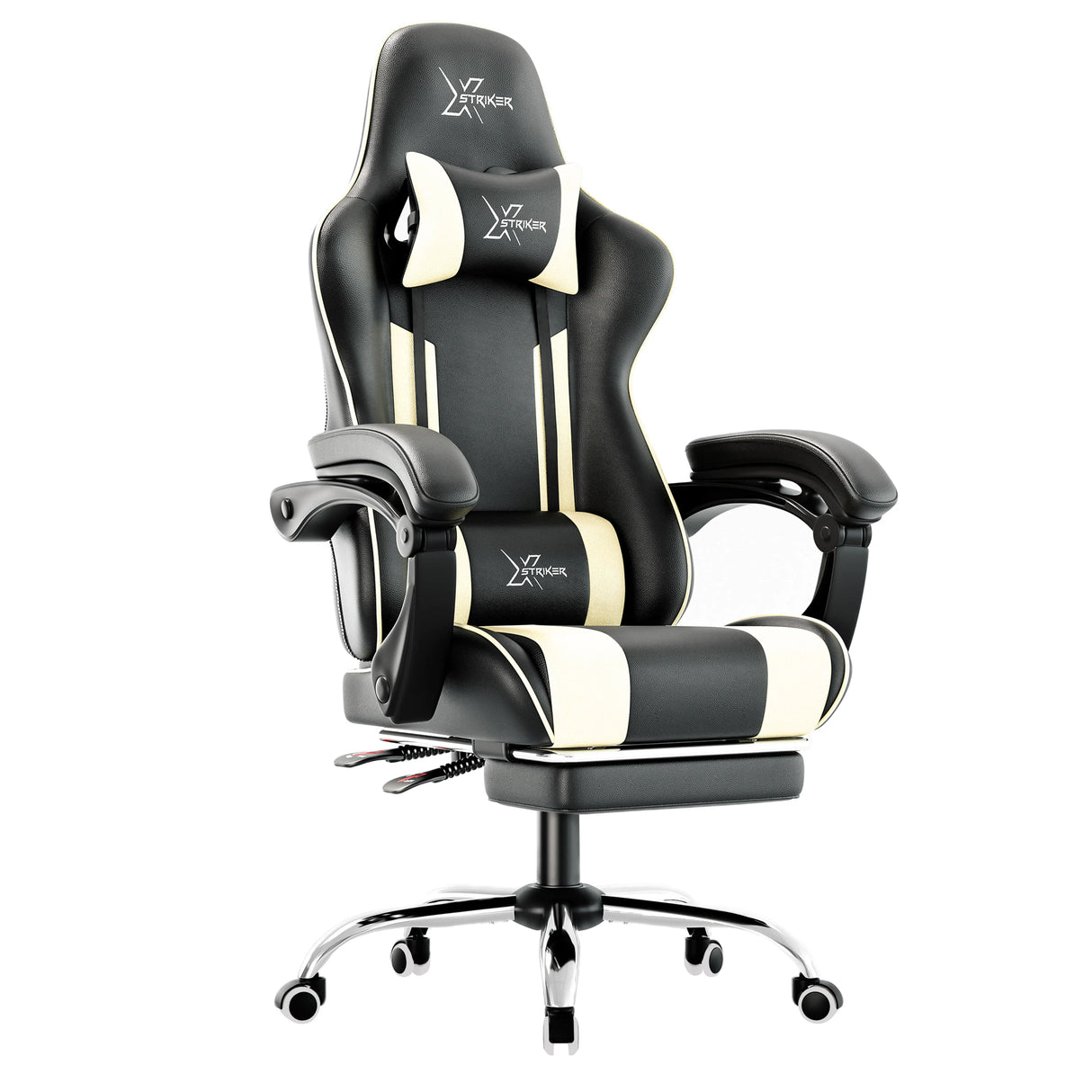 Xstriker pc chair in black and white color featuring ergonomic design, padded armrests, and lumbar support for home or office use. Ideal for gamers and professionals seeking comfort and style in a PC desk chair.