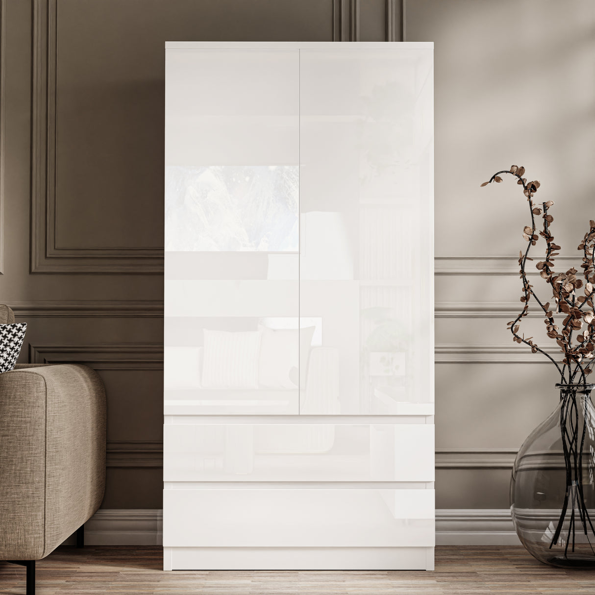 front view of 2 door white gloss wardrobe for the bedroom, featuring bottom drawers and handleless design