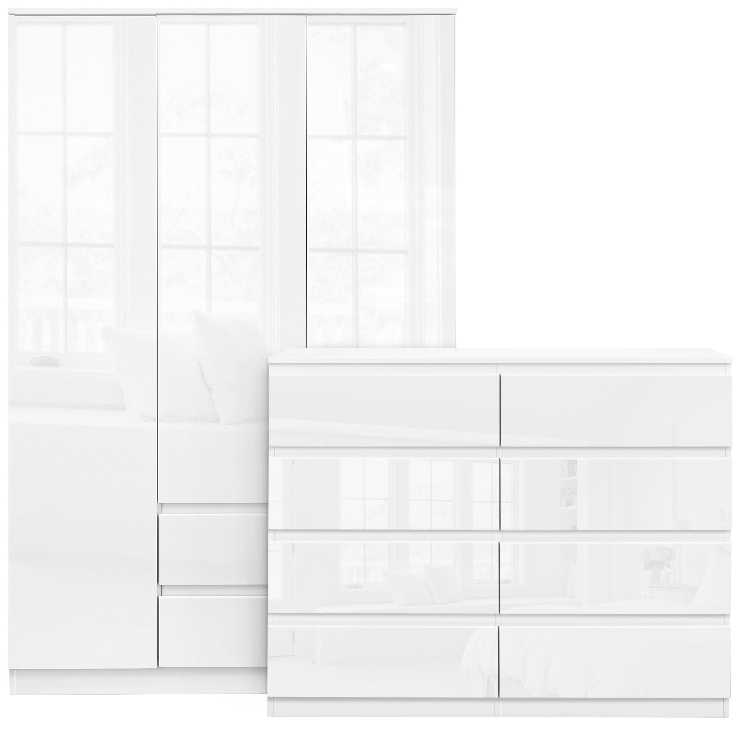 White gloss bedroom furniture sets UK, 3-door wardrobe, modern design, ample storage.