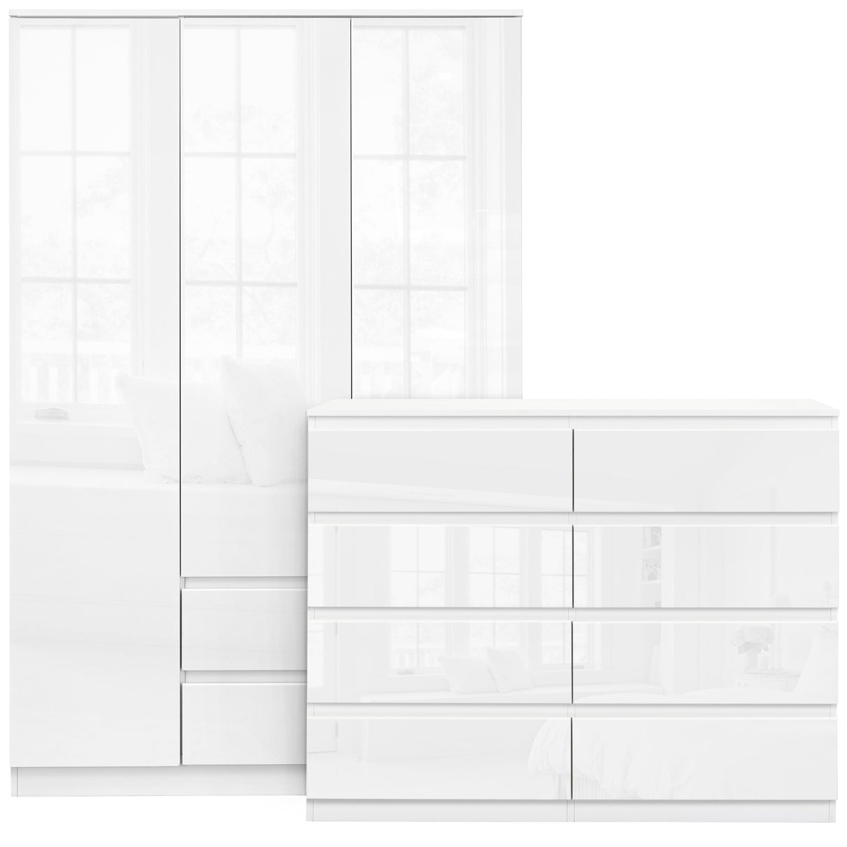 White gloss bedroom furniture sets UK, 3-door wardrobe, modern design, ample storage.