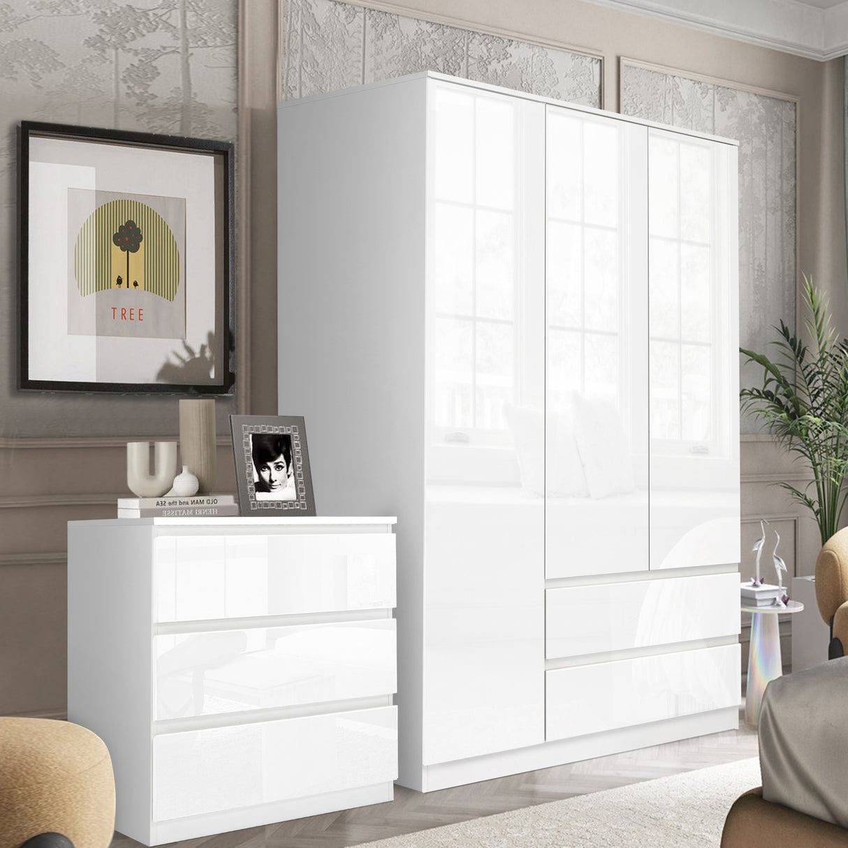 White gloss bedroom set, modern design with sleek finish for elegant storage.