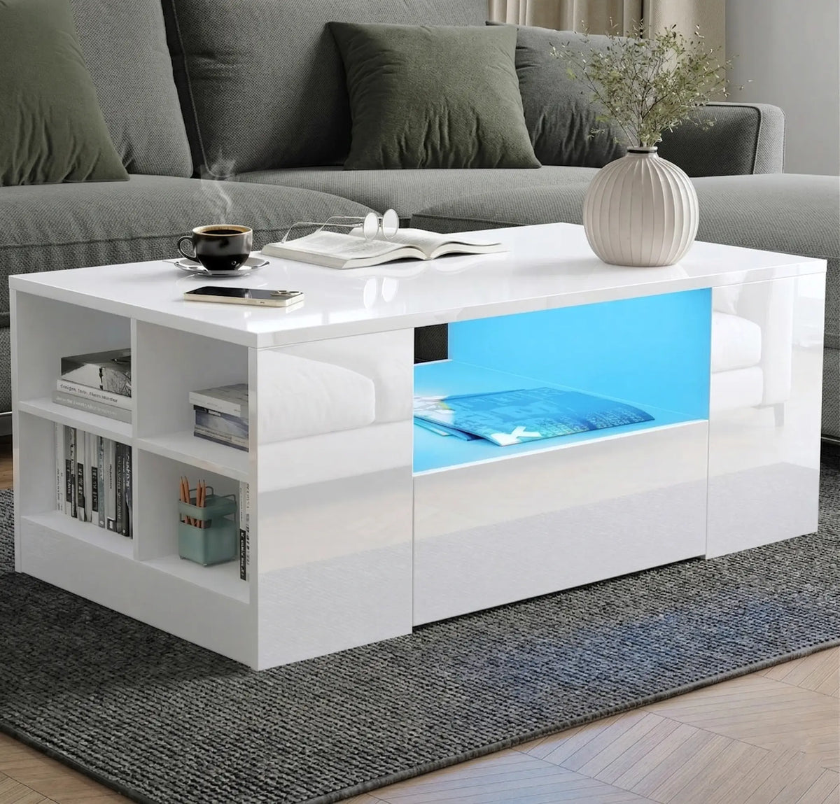 High Gloss Coffee Table LED Lights Storage Drawers