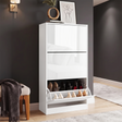 [White] High Gloss 3 Door Shoe Cabinet against a dark hallway wall, two closed doors and one lower flip compartment open