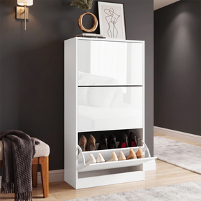 [White] High Gloss 3 Door Shoe Cabinet against a dark hallway wall, two closed doors and one lower flip compartment open