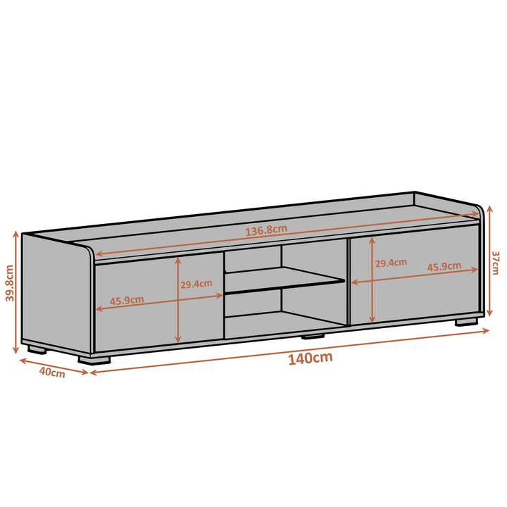 [White] white gloss TV unit measurement drawing 140 x 40 x 39.8cm with internal shelf bay sizes labelled