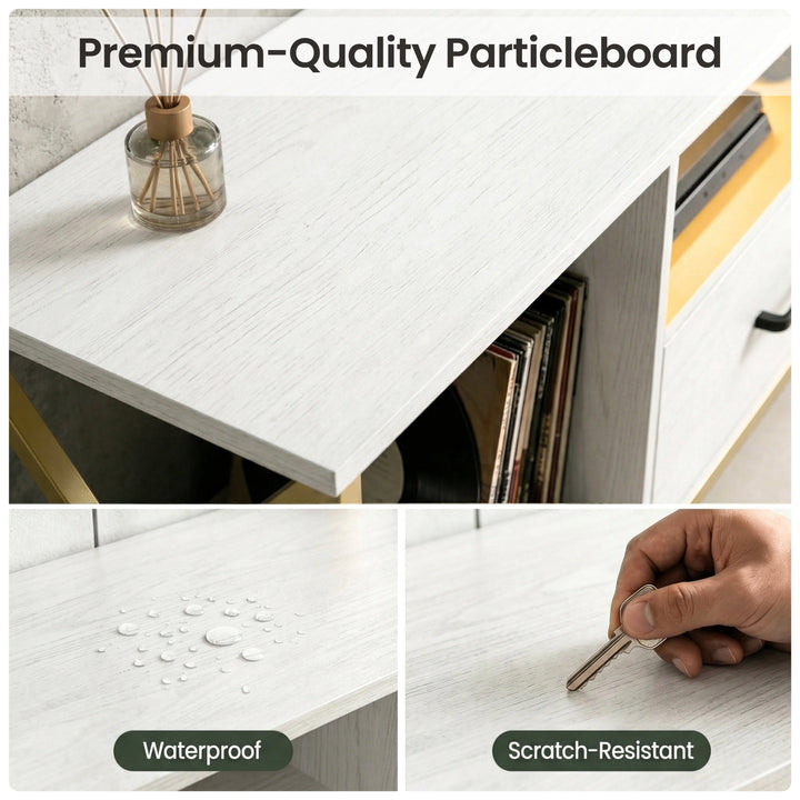 [White] Calvera TV stand laminate surface detail, water droplets on white top, screw scratch test on edge