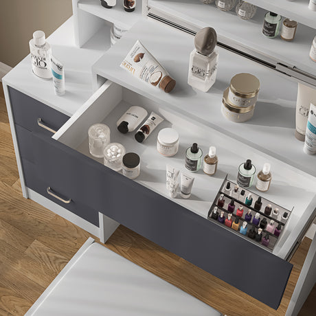 White and grey dressing table with shelves and drawers for stylish and efficient storage.