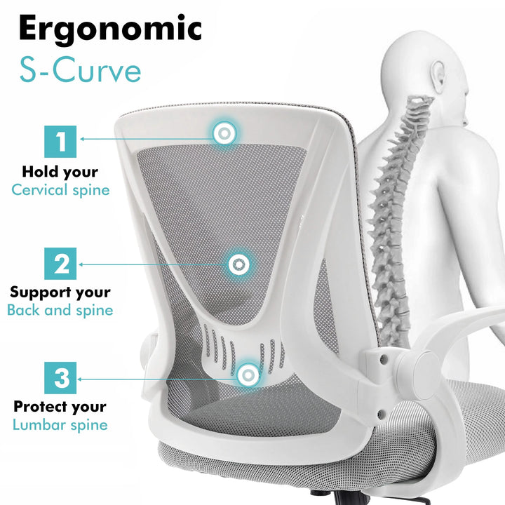 [White + Grey] Grey ergonomic chair with breathable mesh backrest, designed for proper spine support during extended sitting sessions.
