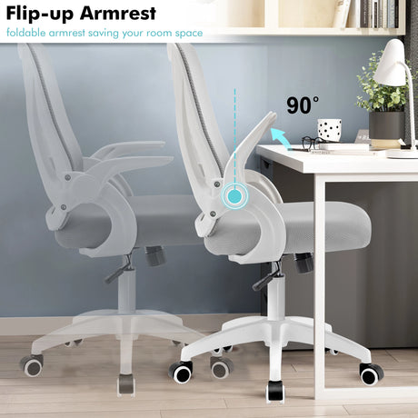 Grey home office chair with flip-up armrests, perfect for saving space while ensuring ergonomic support.
