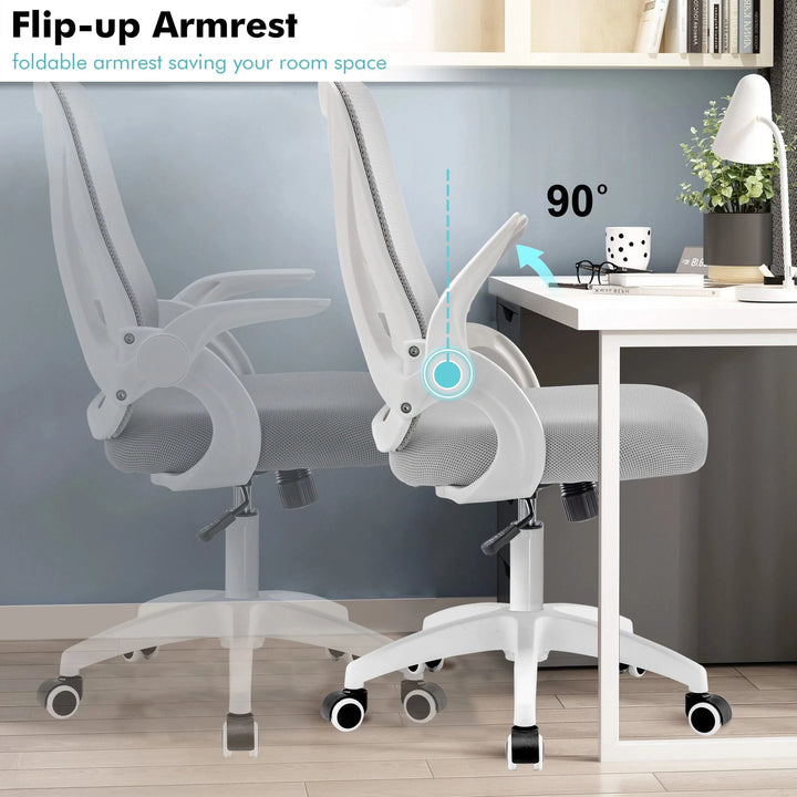 [White + Grey] Grey home office chair with flip-up armrests, perfect for saving space while ensuring ergonomic support.