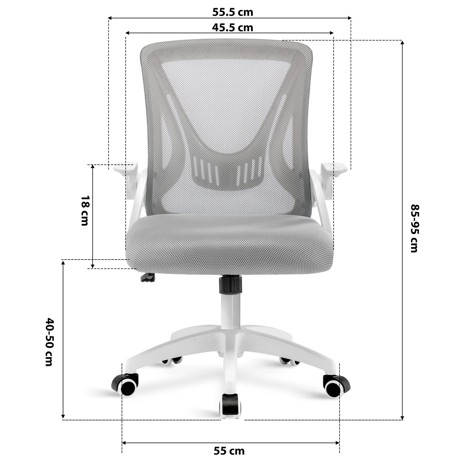 [White + Grey] grey office chair dimension: 45.5cm seat width, 55cm wheelbase, adjustable 85–95cm height & mesh backrest.