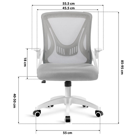 grey office chair dimension: 45.5cm seat width, 55cm wheelbase, adjustable 85–95cm height & mesh backrest.