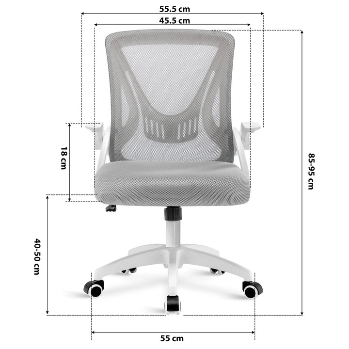 [White + Grey] grey office chair dimension: 45.5cm seat width, 55cm wheelbase, adjustable 85–95cm height & mesh backrest.