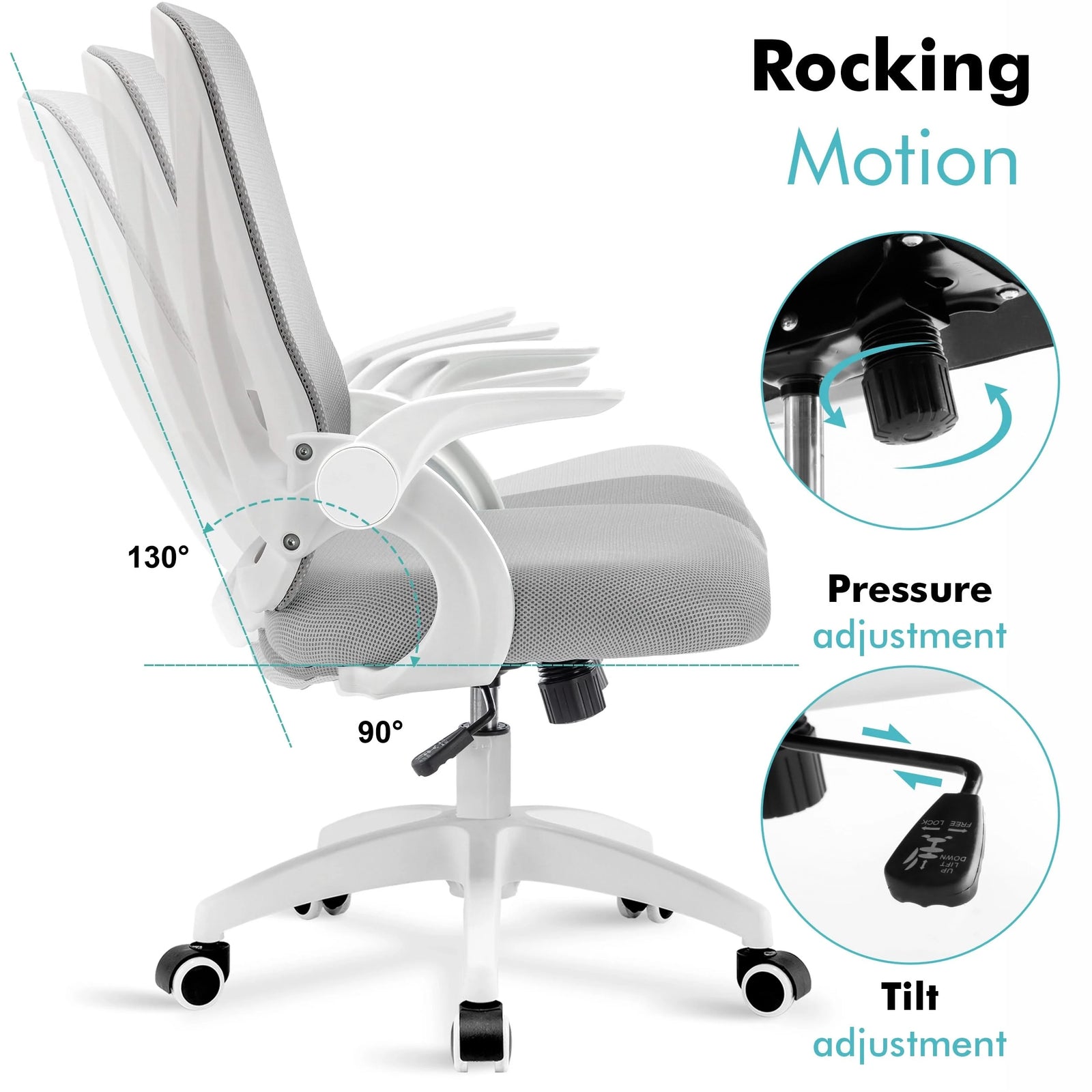 [White + Grey] Grey ergonomic chair with adjustable height, tilt lock, and recline for optimal ergonomic support during long hours.