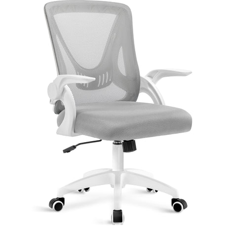 Comfortable desk chair in grey with breathable mesh backrest, padded seat, and adjustable height for lasting comfort.