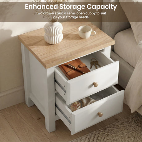 [White] Haven bedside with open drawers displaying generous interior storage capacity and smooth drawer glide