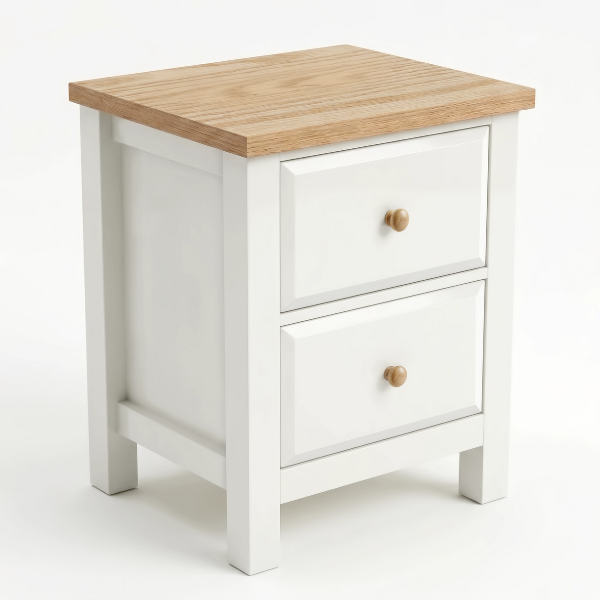 [White] Haven bedside table angled view on white background showing oak top, two drawers and round wood knobs
