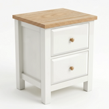[White] Haven bedside table angled view on white background showing oak top, two drawers and round wood knobs