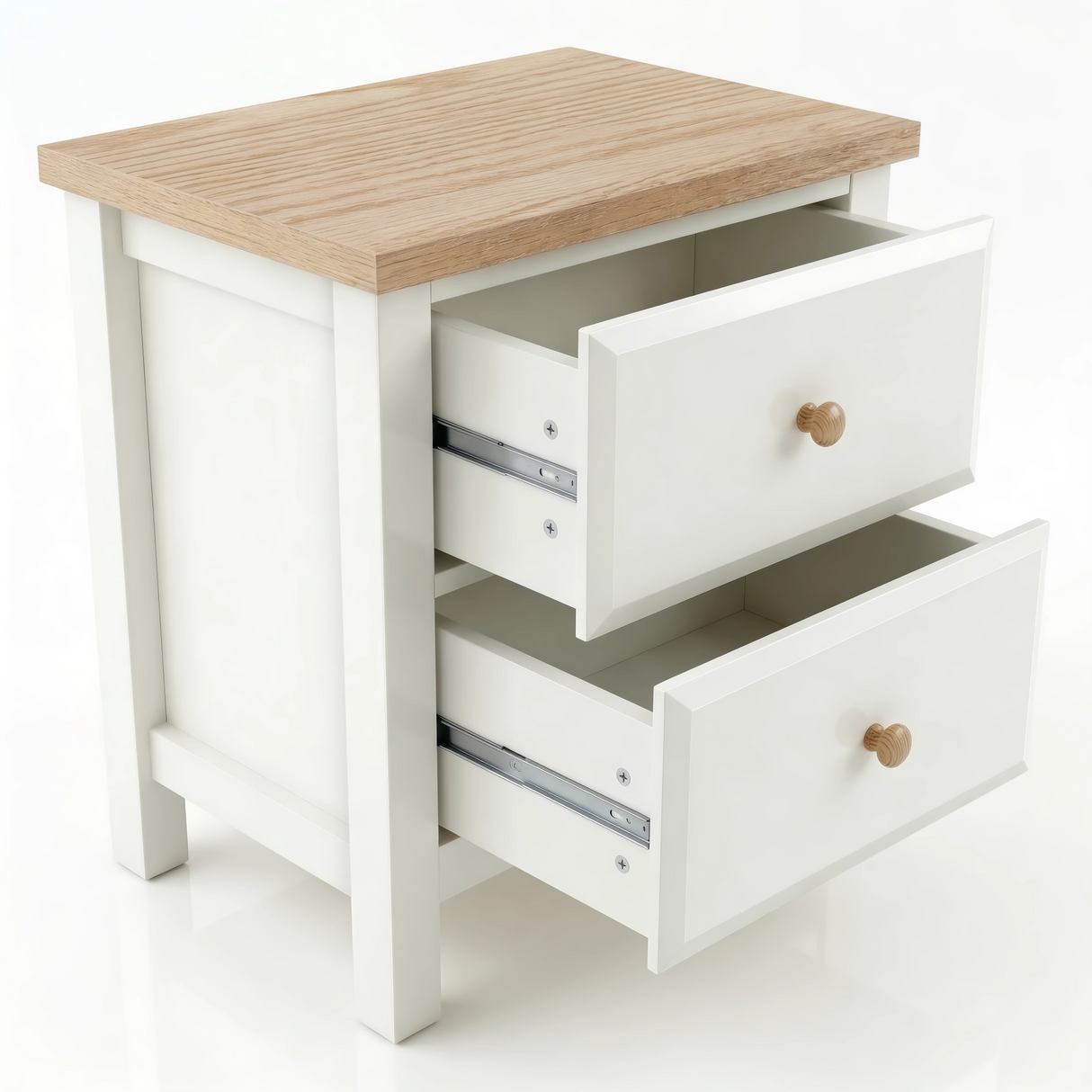 [White] Haven bedside table both drawers fully open on white background showing metal runners and interior depth