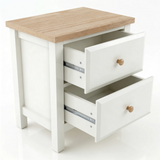 [White] Haven bedside table both drawers fully open on white background showing metal runners and interior depth