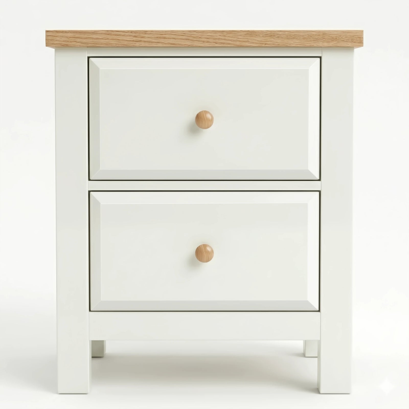 [White] nightstand with two drawers and a wooden top on a white background