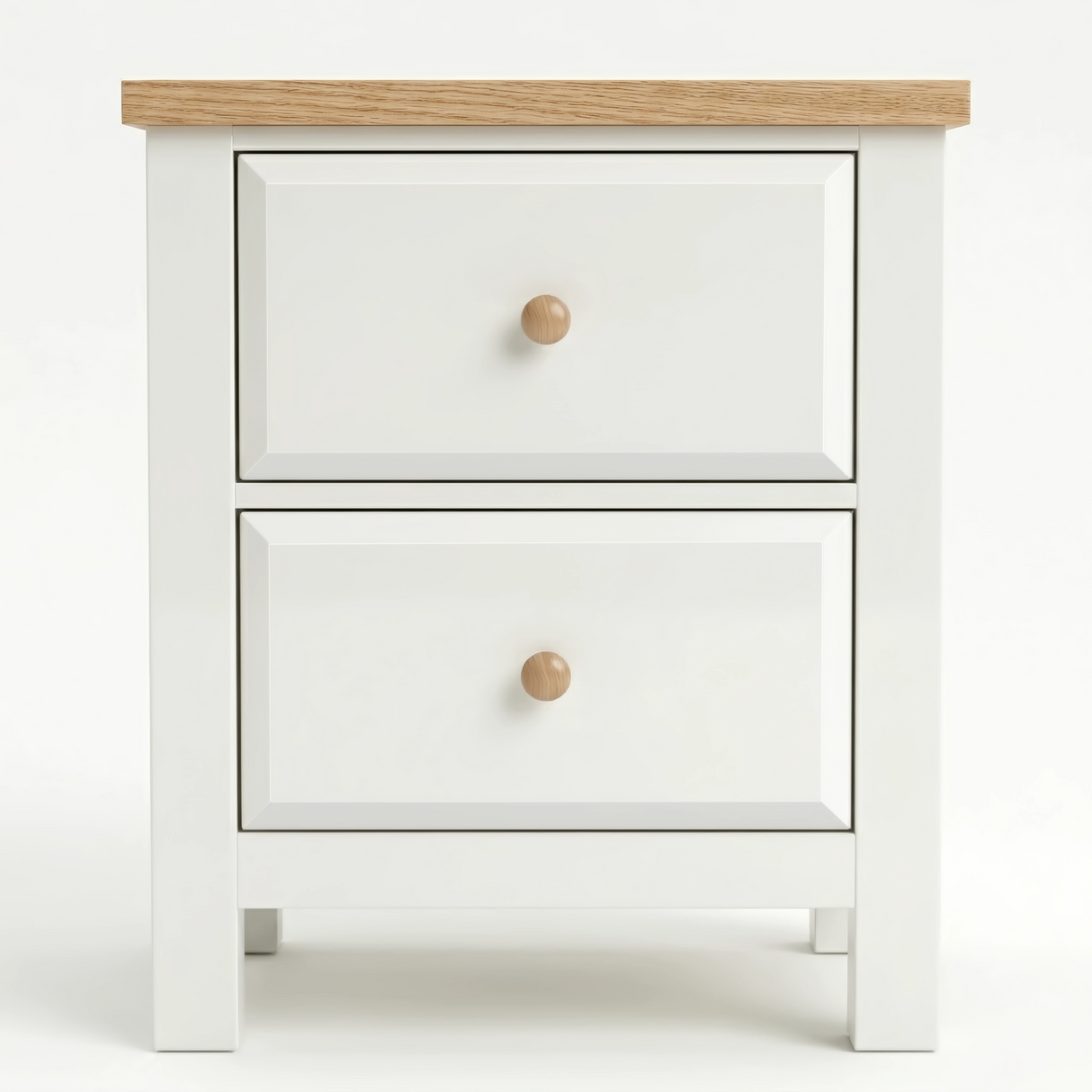 [White] Haven bedside table straight-on view on white background showing two panelled drawers and oak top edge