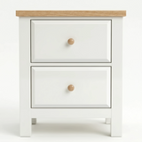 [White] Haven bedside table straight-on view on white background showing two panelled drawers and oak top edge
