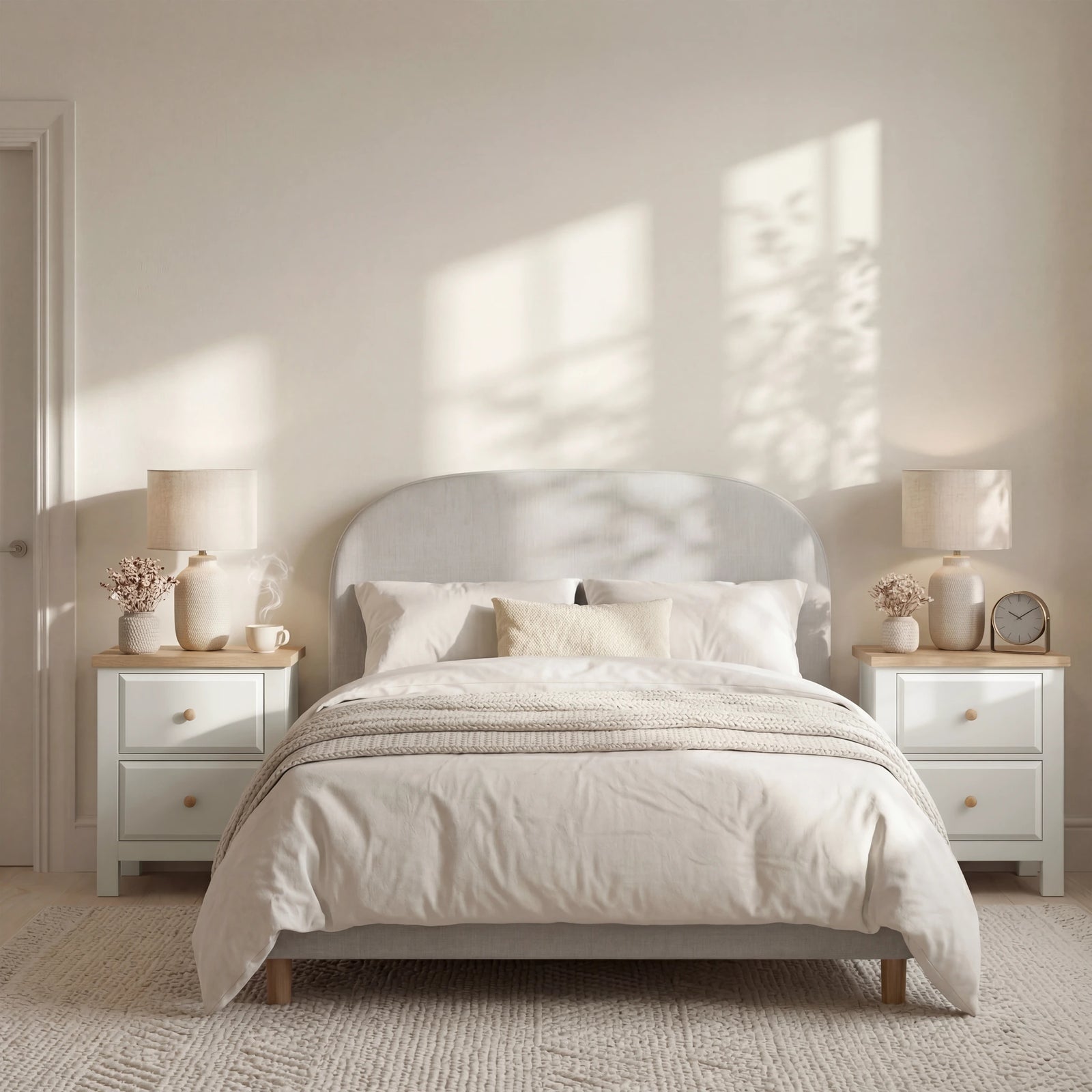 [White] Neatly made bed with white bedding and 2 bedside tables in both sides of the bed in a bright bedroom with natural light