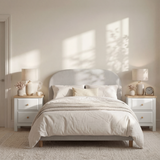 [White] Pair of Haven bedside tables styled either side of a bed in a bright neutral white bedroom setting