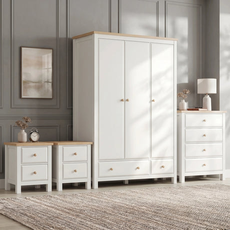 [White] Haven four piece bedroom furniture set styled in a contemporary home environment with coordinated accessories