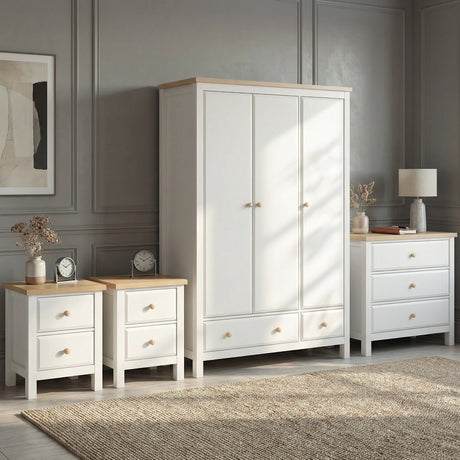 [White] Haven four piece bedroom furniture set styled in a contemporary home bedroom environment with coordinated accessories