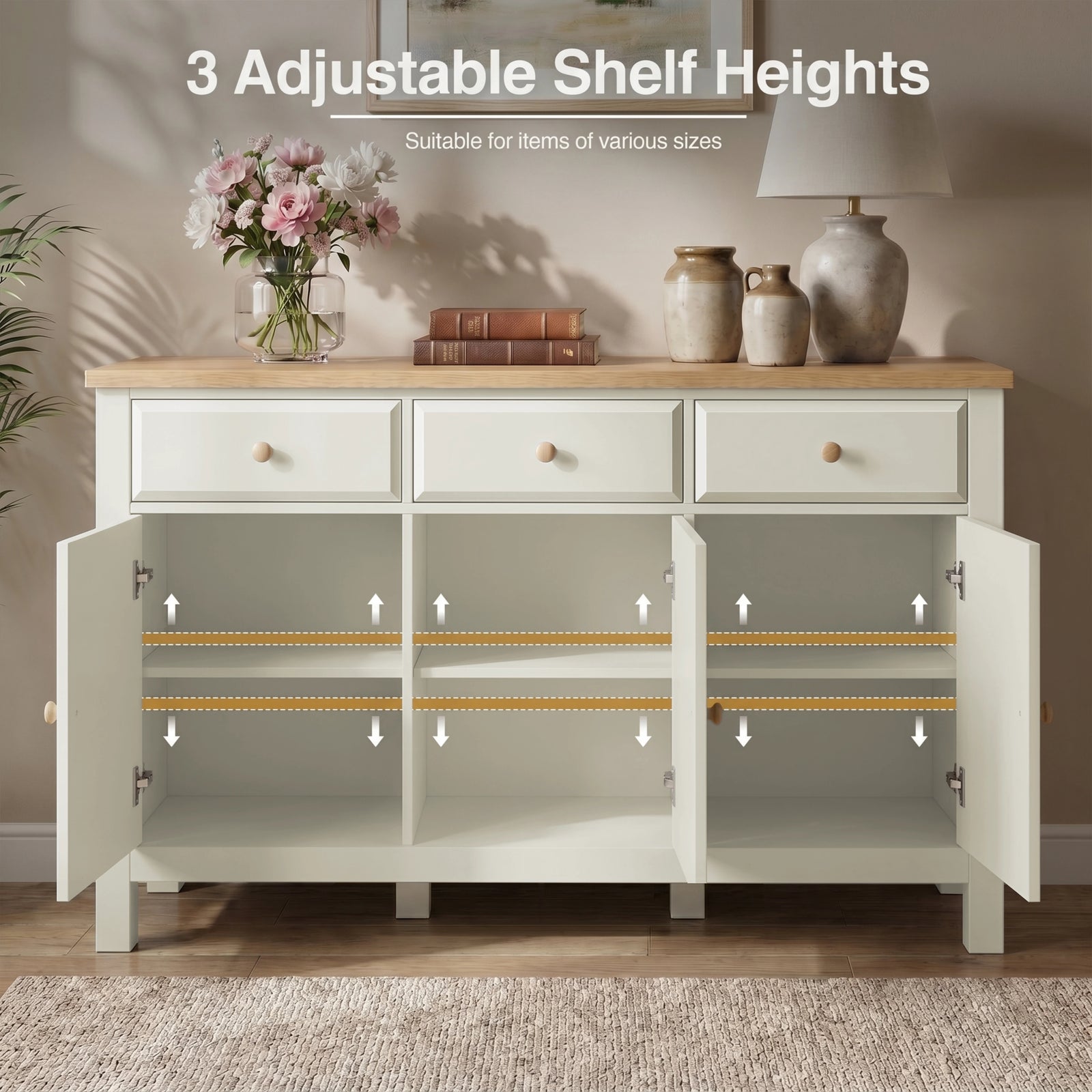 [White] Haven sideboard with doors open, showing three adjustable shelf heights and oak top decor.