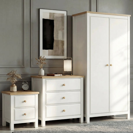 [White] Haven three-piece bedroom set showing wardrobe arrangement with multiple drawer storage configuration