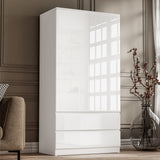 White high gloss 2 door wardrobe with drawers and hanging space, ideal for modern bedrooms. Sleek handleless design with reflective finish.