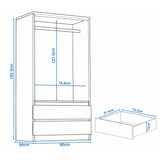 [White] 2-door wardrobe size guide: H 182.5 x W 80 x D 50 cm; drawer H 13 x W 73.3 x D 41.4 cm; hanging space H 127.5 x W 76.8 cm.