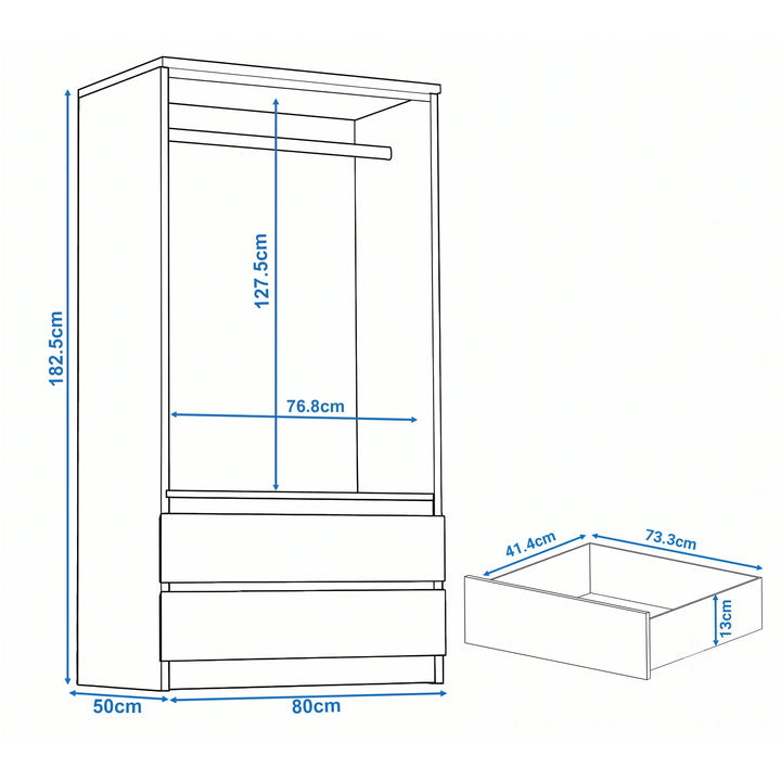 [White] 2-door wardrobe size guide: H 182.5 x W 80 x D 50 cm; drawer H 13 x W 73.3 x D 41.4 cm; hanging space H 127.5 x W 76.8 cm.