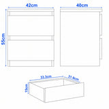 [White] bedside table size guide: H 55 x W 42 x D 40 cm per table; drawer H 15 x W 33.3 x D 31.9 cm.