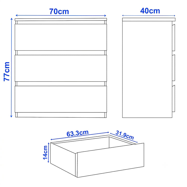 [White] 3-drawer chest of drawers size guide: H 77 x W 70 x D 40 cm; drawer H 14 x W 63.3 x D 31.9 cm.