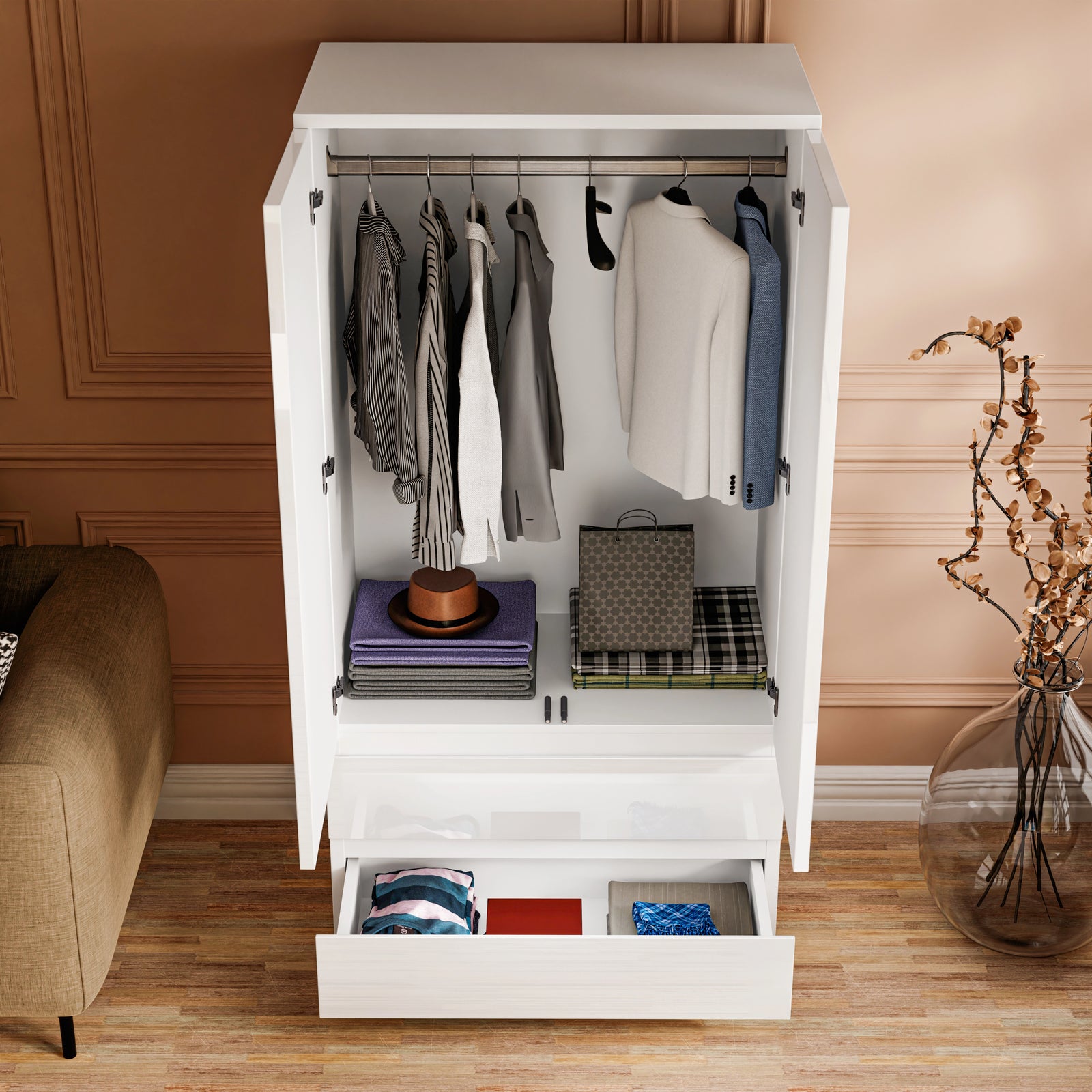 [White] Interior of white high gloss 2 door wardrobe with hanging rail and drawers, part of the 3 piece bedroom furniture set
