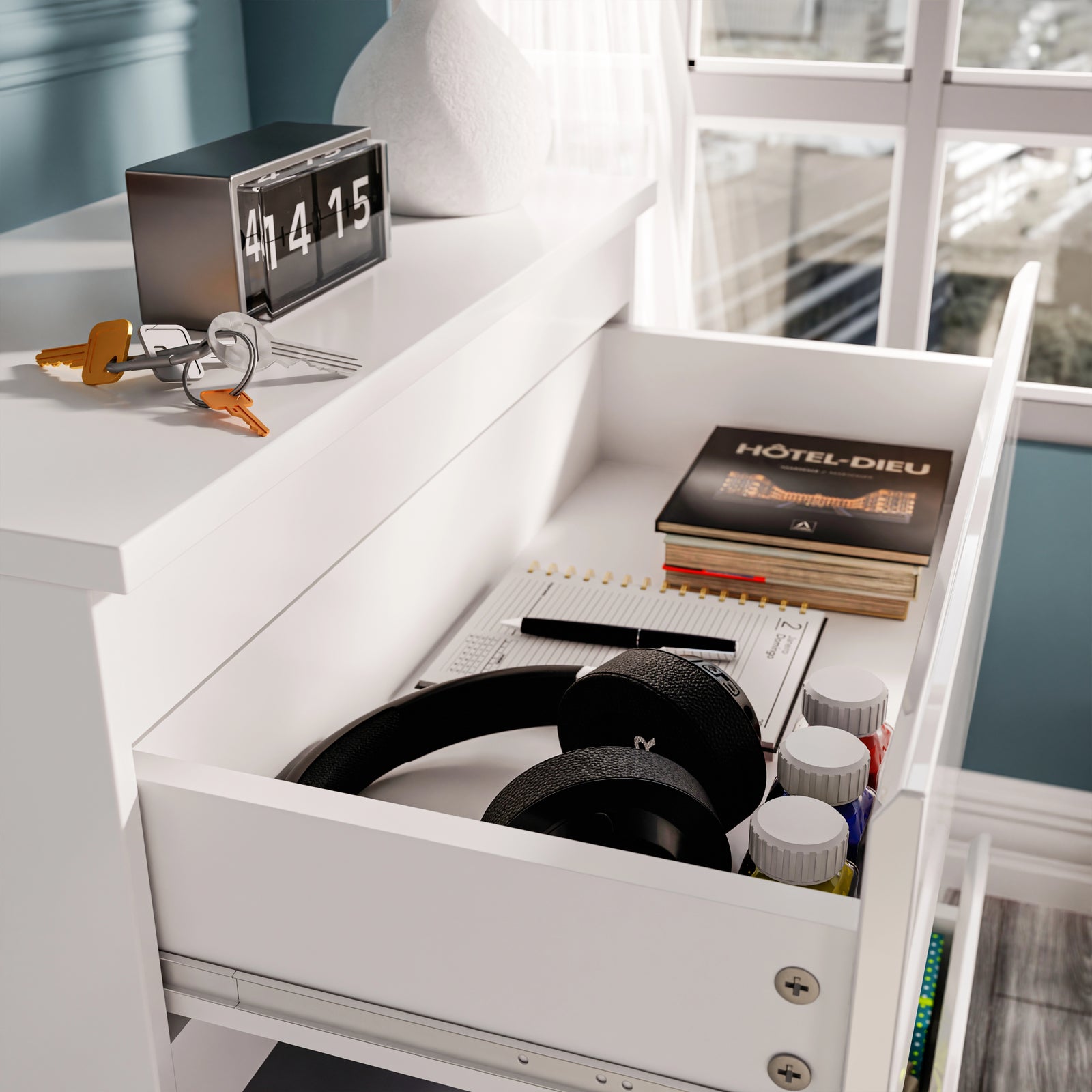 [White] Close-up of white high gloss bedside drawer from the High Gloss 4 Piece Bedroom Set, storing headphones, books, and keys