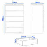 [White] 5-drawer chest of drawers size guide: H 120 x W 70 x D 40 cm; drawer H 14 x W 63.3 x D 35 cm.