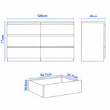 [White] 6-drawer chest of drawers size guide: H 77 x W 120 x D 40 cm; drawer H 14.4 x W 54.7 x D 33.7 cm.