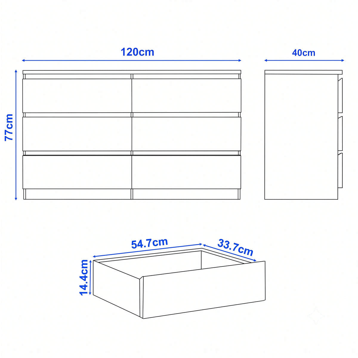 [White] 6-drawer chest of drawers size guide: H 77 x W 120 x D 40 cm; drawer H 14.4 x W 54.7 x D 33.7 cm.
