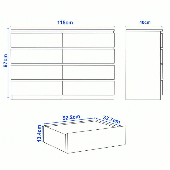 [White] 8-drawer chest of drawers size guide: H 97 x W 115 x D 40 cm; drawer H 13.4 x W 52.2 x D 33.7 cm.