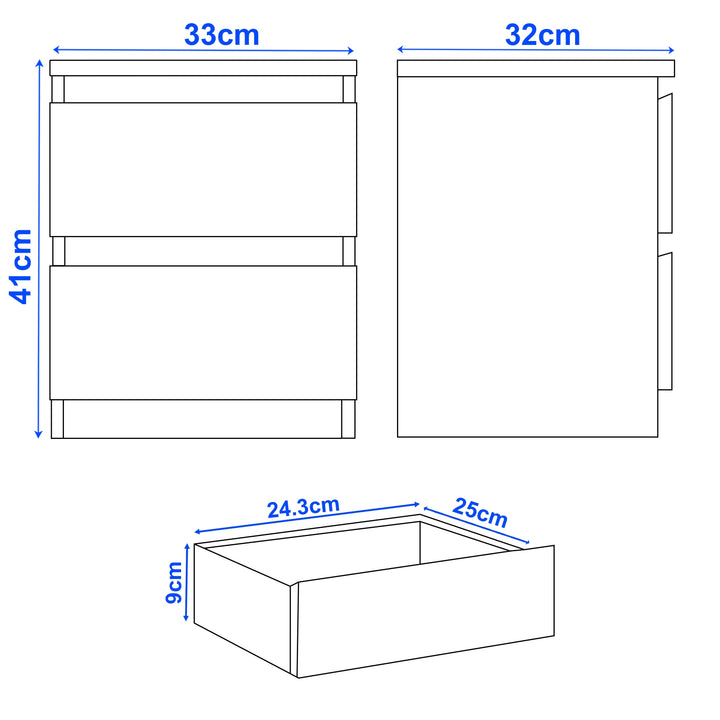 [White] bedside table dimensions: 33cm wide 32cm deep 41cm tall with 24.3cm x 25cm x 9cm drawers