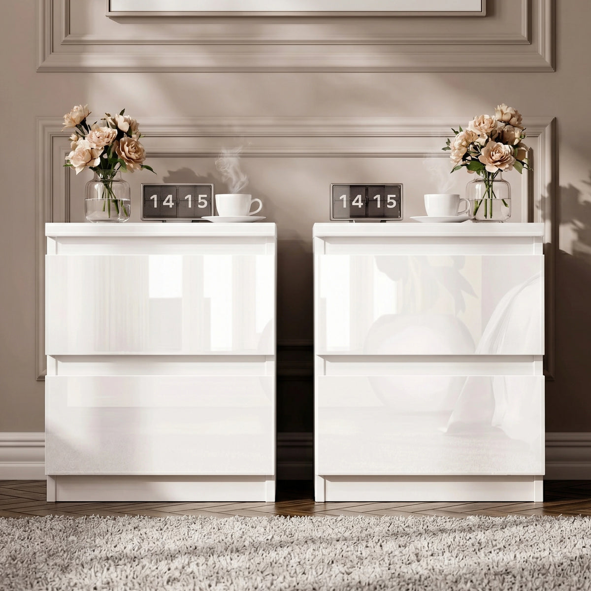 High Gloss Pair of 2 Drawer Bedside Tables