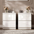 [White]  pair of high gloss bedside tables with handleless push-open drawers styled with clock and lamp